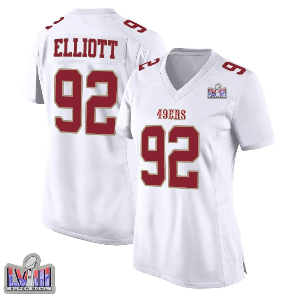 Women's San Francisco 49ers Jordan Elliott Nike Fashion Super Bowl LVIII Patch Game White Jersey Women's San Francisco 49ers Jordan Elliott Nike Fashion Super Bowl LVIII Patch Game White Jersey