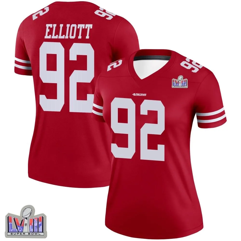 Women's San Francisco 49ers Jordan Elliott Nike Super Bowl LVIII Patch Legend Scarlet Jersey Women's San Francisco 49ers Jordan Elliott Nike Super Bowl LVIII Patch Legend Scarlet Jersey
