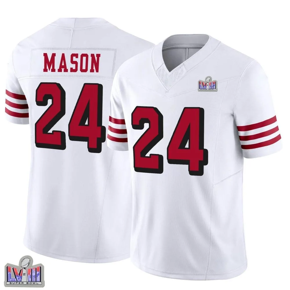 Men's San Francisco 49ers Jordan Mason Nike Alternate Vapor F.U.S.E. Super Bowl LVIII Patch Limited White Jersey Men's San Francisco 49ers Jordan Mason Nike Alternate Vapor F.U.S.E. Super Bowl LVIII Patch Limited White Jersey