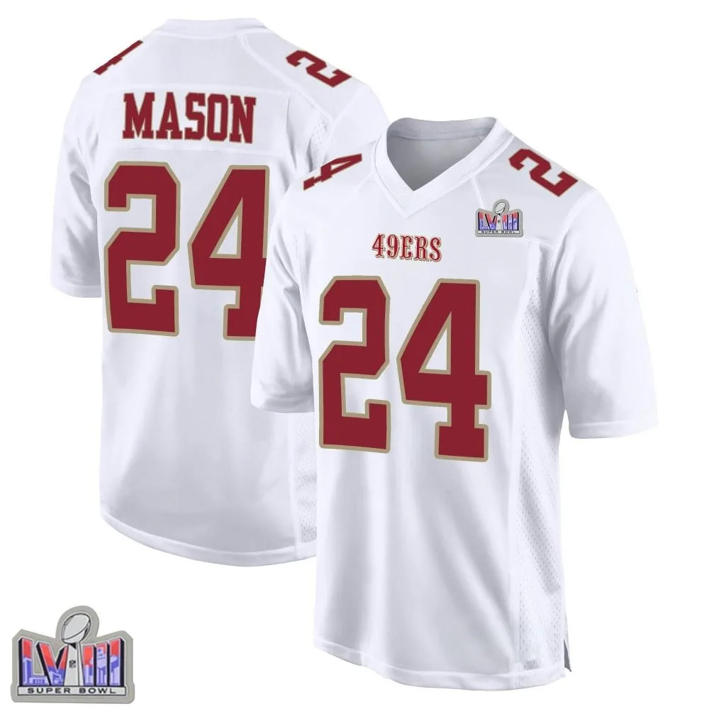 Men's San Francisco 49ers Jordan Mason Nike Fashion Super Bowl LVIII Patch Game White Jersey Men's San Francisco 49ers Jordan Mason Nike Fashion Super Bowl LVIII Patch Game White Jersey