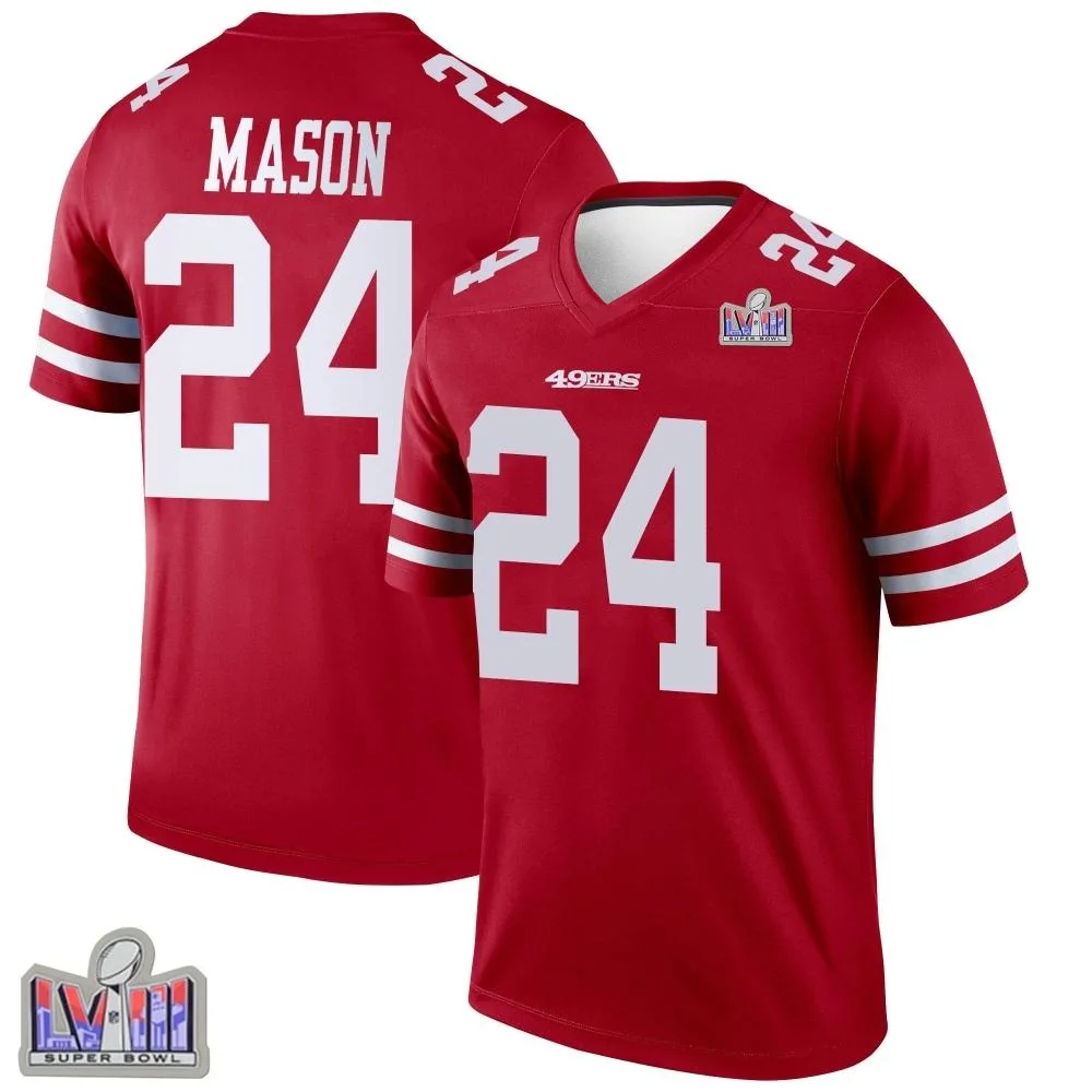 Men's San Francisco 49ers Jordan Mason Nike Super Bowl LVIII Patch Legend Scarlet Jersey Men's San Francisco 49ers Jordan Mason Nike Super Bowl LVIII Patch Legend Scarlet Jersey