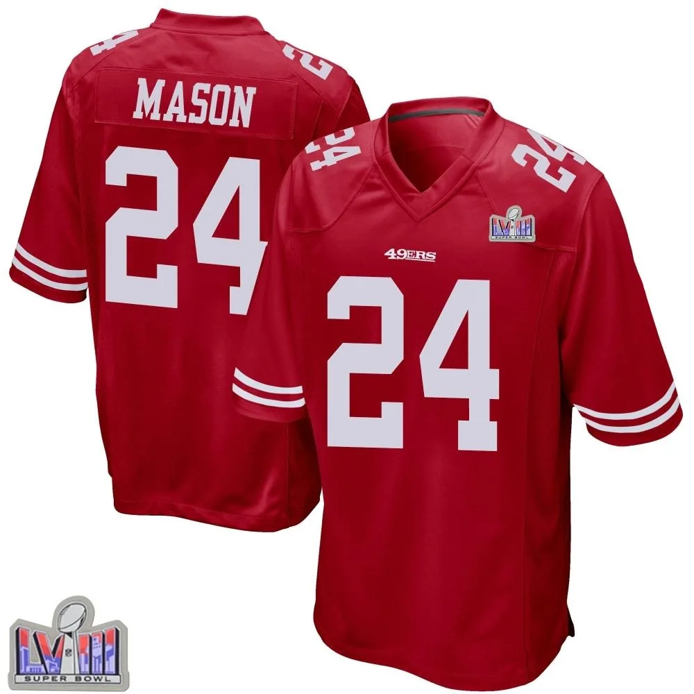 Men's San Francisco 49ers Jordan Mason Nike Team Color Super Bowl LVIII Patch Game Red Jersey Men's San Francisco 49ers Jordan Mason Nike Team Color Super Bowl LVIII Patch Game Red Jersey