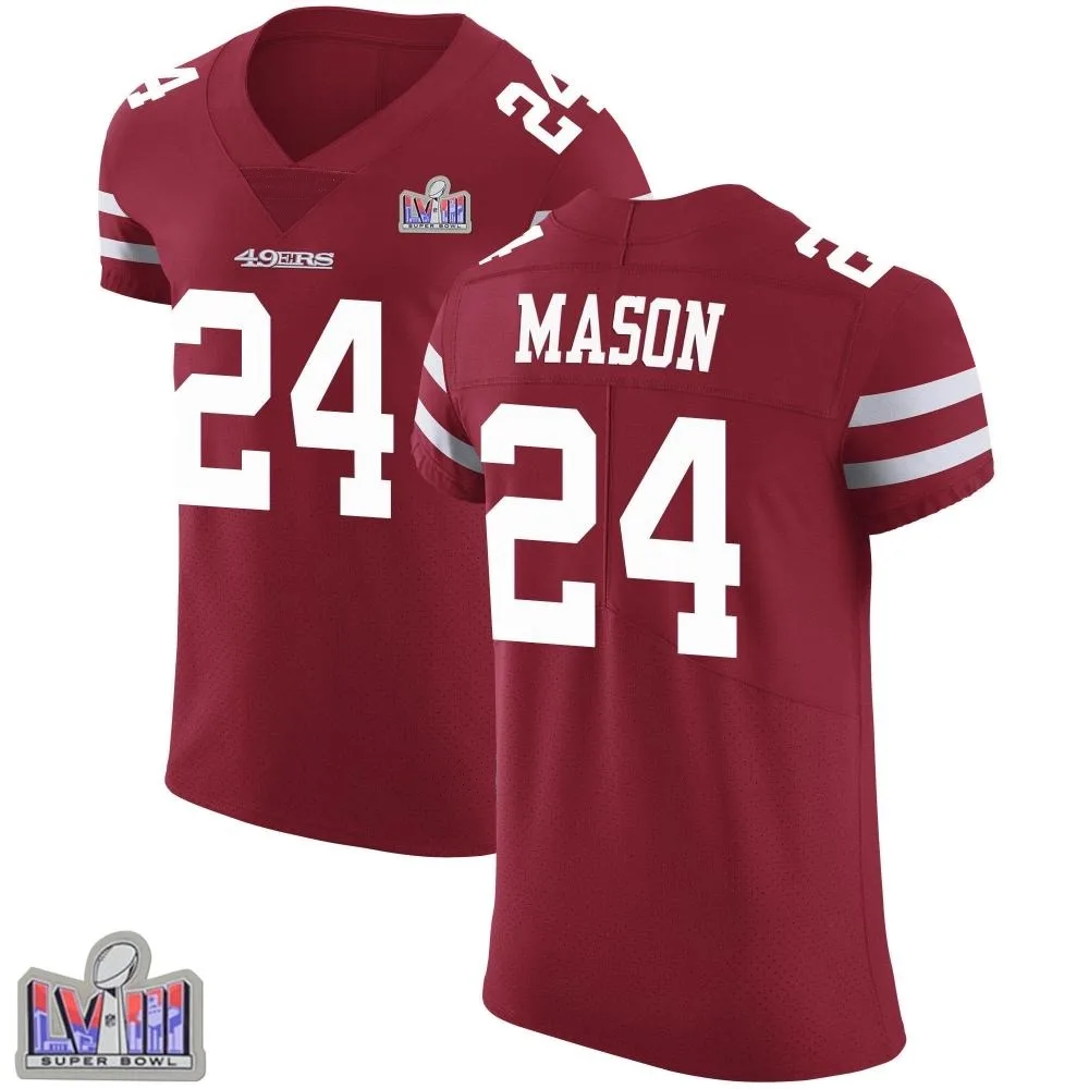 Men's San Francisco 49ers Jordan Mason Nike Team Color Vapor Untouchable Super Bowl LVIII Patch Elite Red Jersey Men's San Francisco 49ers Jordan Mason Nike Team Color Vapor Untouchable Super Bowl LVIII Patch Elite Red Jersey