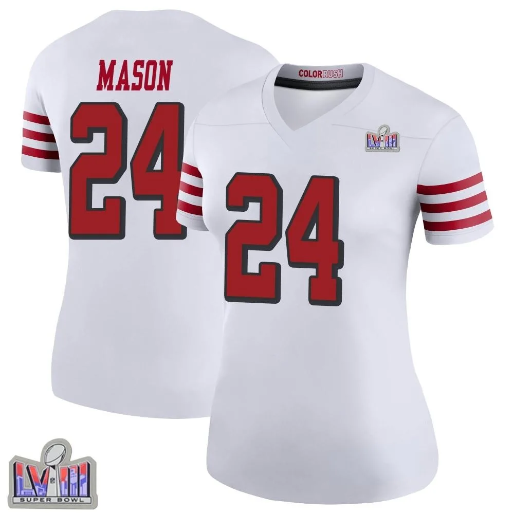 Women's San Francisco 49ers Jordan Mason Nike Color Rush Super Bowl LVIII Patch Legend White Jersey Women's San Francisco 49ers Jordan Mason Nike Color Rush Super Bowl LVIII Patch Legend White Jersey