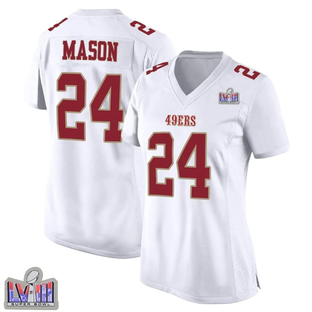 Women's San Francisco 49ers Jordan Mason Nike Fashion Super Bowl LVIII Patch Game White Jersey Women's San Francisco 49ers Jordan Mason Nike Fashion Super Bowl LVIII Patch Game White Jersey