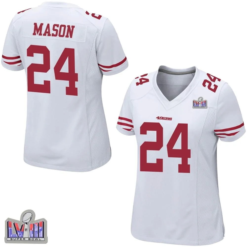 Women's San Francisco 49ers Jordan Mason Nike Super Bowl LVIII Patch Game White Jersey Women's San Francisco 49ers Jordan Mason Nike Super Bowl LVIII Patch Game White Jersey