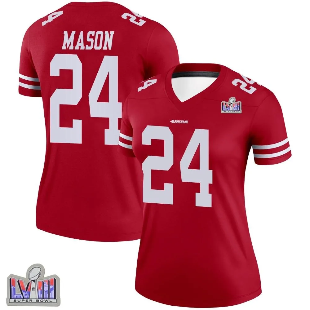 Women's San Francisco 49ers Jordan Mason Nike Super Bowl LVIII Patch Legend Scarlet Jersey Women's San Francisco 49ers Jordan Mason Nike Super Bowl LVIII Patch Legend Scarlet Jersey