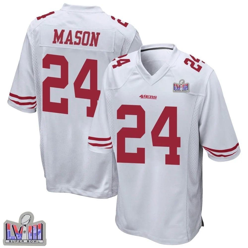 Youth San Francisco 49ers Jordan Mason Nike Super Bowl LVIII Patch Game White Jersey Youth San Francisco 49ers Jordan Mason Nike Super Bowl LVIII Patch Game White Jersey