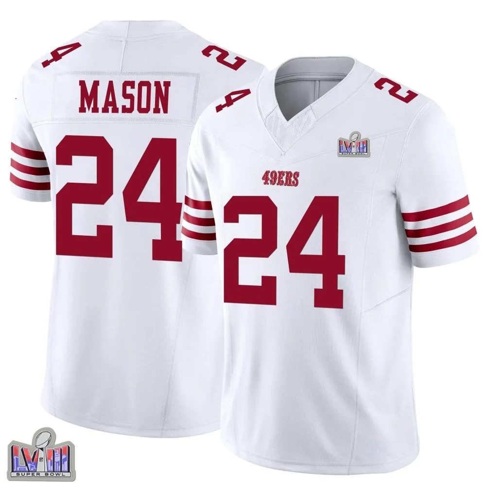 Youth San Francisco 49ers Jordan Mason Nike Vapor F.U.S.E. Super Bowl LVIII Patch Limited White Jersey Youth San Francisco 49ers Jordan Mason Nike Vapor F.U.S.E. Super Bowl LVIII Patch Limited White Jersey