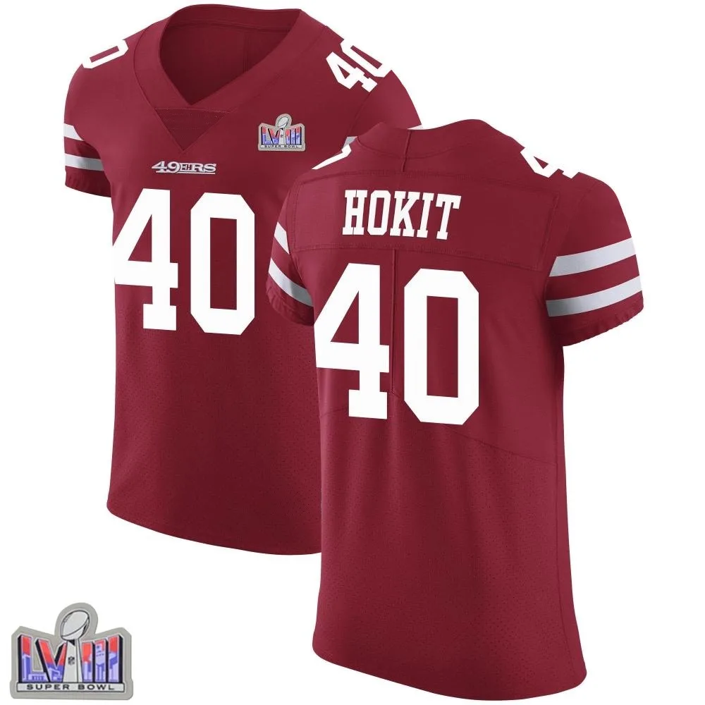 Men's San Francisco 49ers Josh Hokit Nike Team Color Vapor Untouchable Super Bowl LVIII Patch Elite Red Jersey Men's San Francisco 49ers Josh Hokit Nike Team Color Vapor Untouchable Super Bowl LVIII Patch Elite Red Jersey