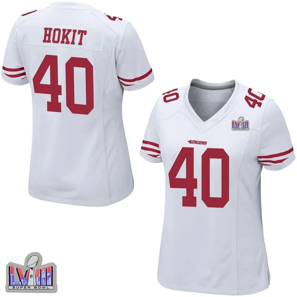 Women's San Francisco 49ers Josh Hokit Nike Super Bowl LVIII Patch Game White Jersey Women's San Francisco 49ers Josh Hokit Nike Super Bowl LVIII Patch Game White Jersey