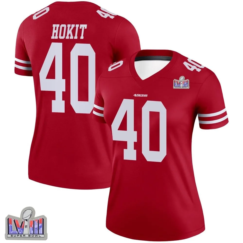 Women's San Francisco 49ers Josh Hokit Nike Super Bowl LVIII Patch Legend Scarlet Jersey Women's San Francisco 49ers Josh Hokit Nike Super Bowl LVIII Patch Legend Scarlet Jersey