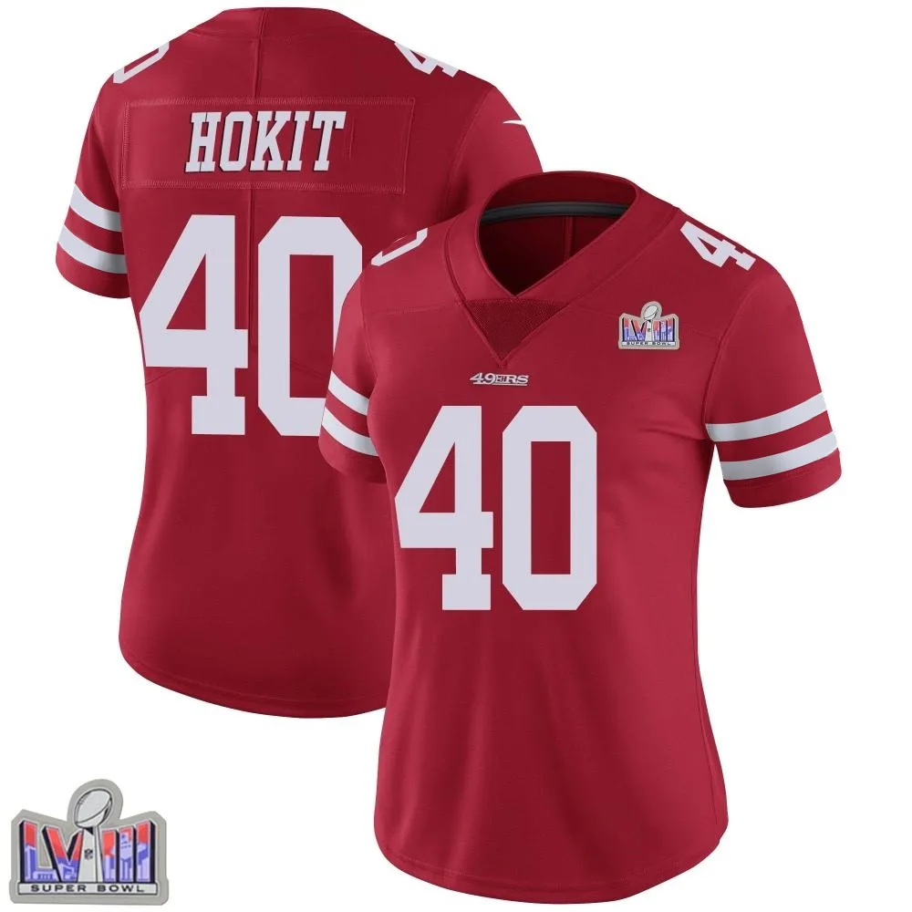 Women's San Francisco 49ers Josh Hokit Nike Team Color Vapor Untouchable Super Bowl LVIII Patch Limited Red Jersey Women's San Francisco 49ers Josh Hokit Nike Team Color Vapor Untouchable Super Bowl LVIII Patch Limited Red Jersey