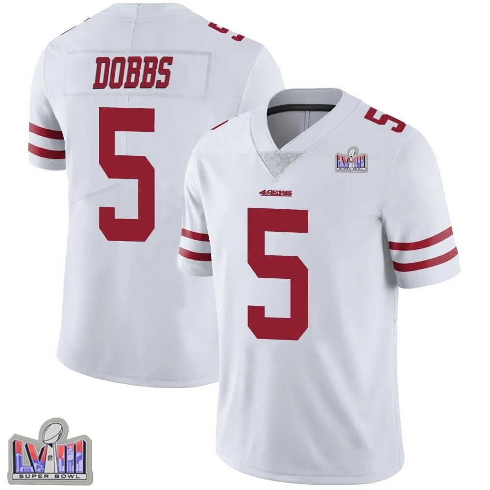Men's San Francisco 49ers Joshua Dobbs Nike Vapor Untouchable Super Bowl LVIII Patch Limited White Jersey Men's San Francisco 49ers Joshua Dobbs Nike Vapor Untouchable Super Bowl LVIII Patch Limited White Jersey