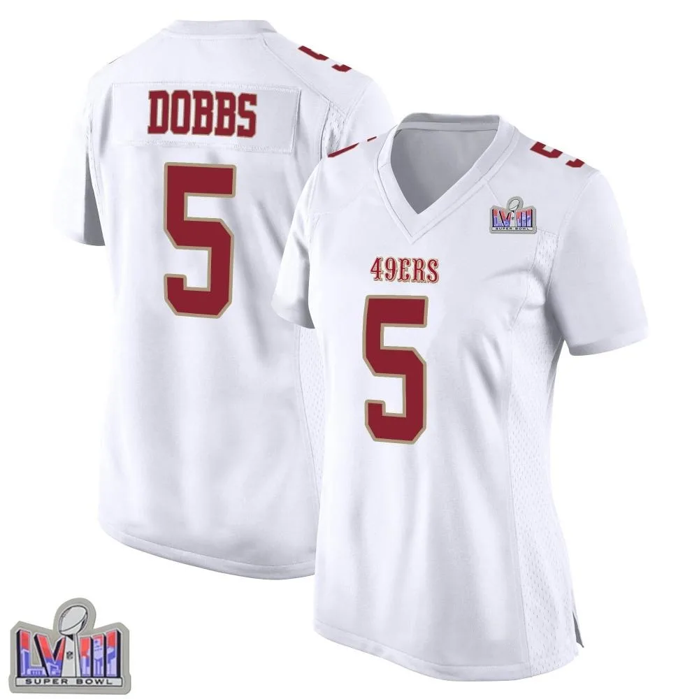 Women's San Francisco 49ers Joshua Dobbs Nike Fashion Super Bowl LVIII Patch Game White Jersey Women's San Francisco 49ers Joshua Dobbs Nike Fashion Super Bowl LVIII Patch Game White Jersey