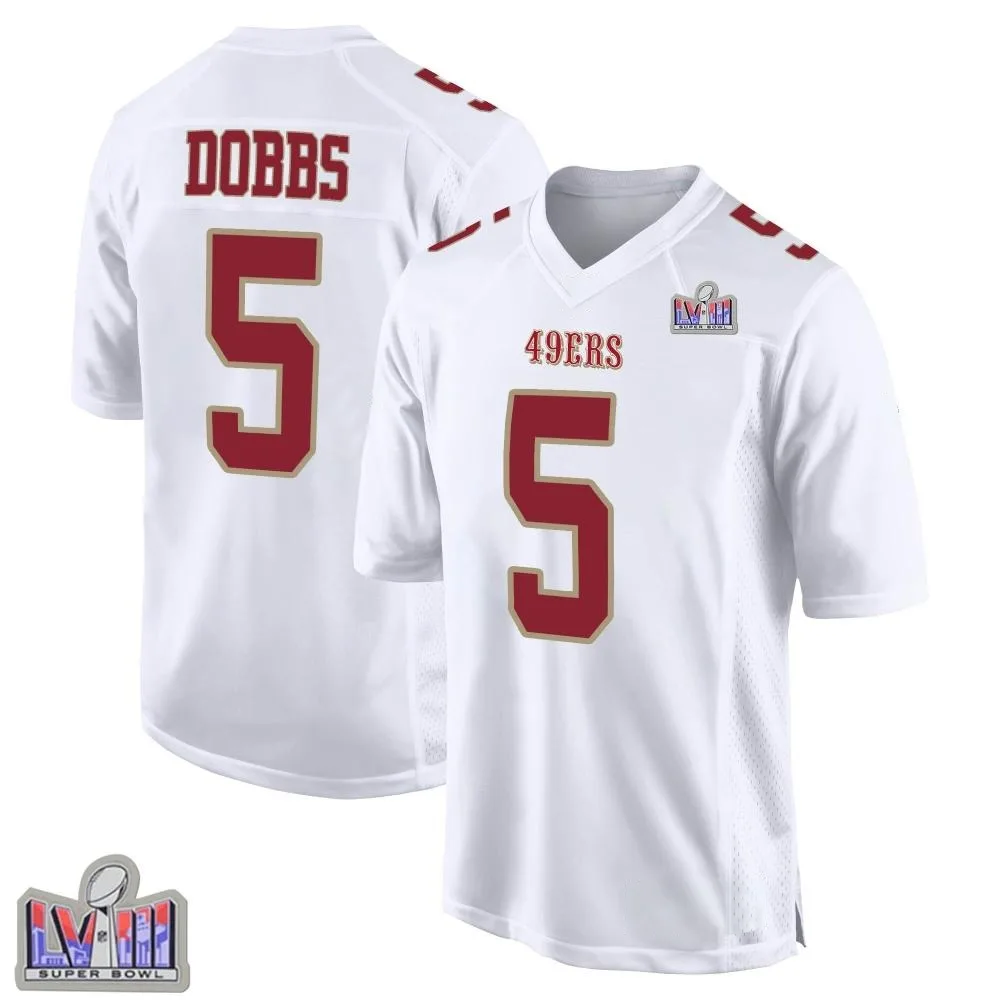 Youth San Francisco 49ers Joshua Dobbs Nike Fashion Super Bowl LVIII Patch Game White Jersey Youth San Francisco 49ers Joshua Dobbs Nike Fashion Super Bowl LVIII Patch Game White Jersey