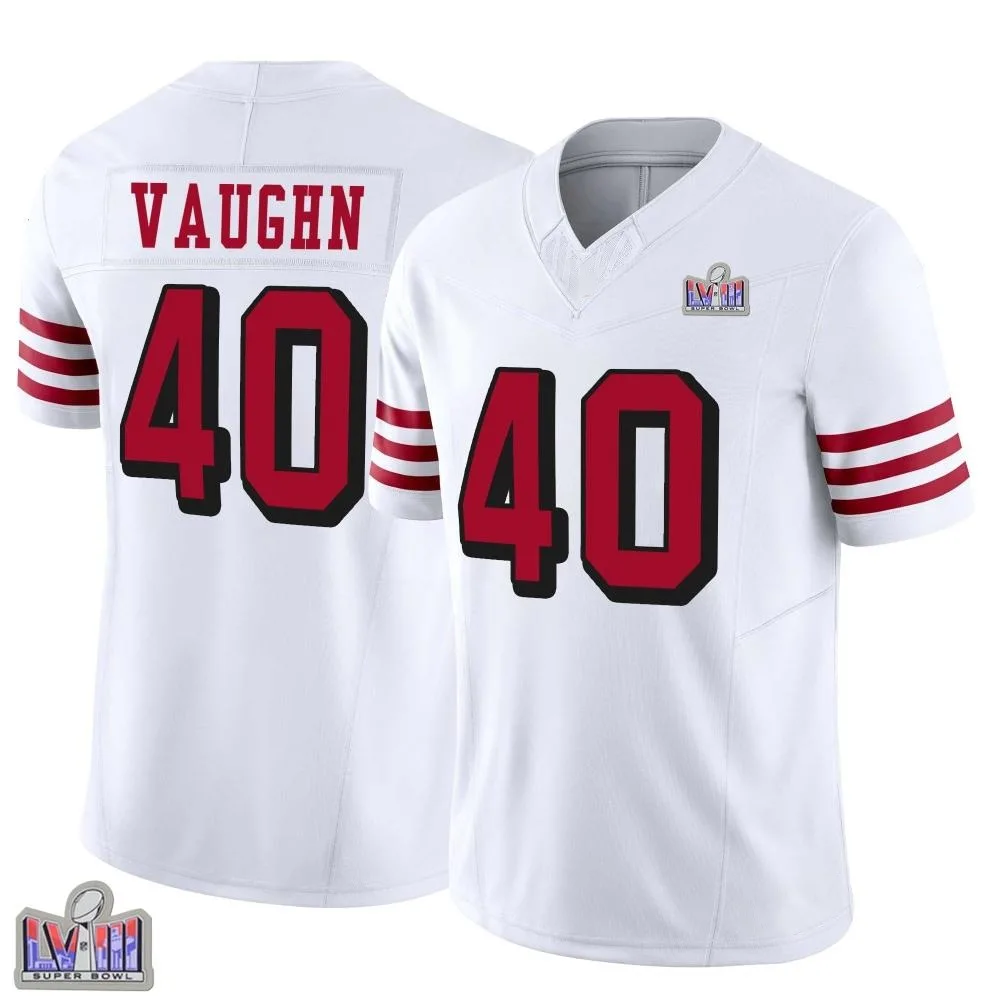 Men's San Francisco 49ers Ke'shawn Vaughn Nike Alternate Vapor F.U.S.E. Super Bowl LVIII Patch Limited White Jersey Men's San Francisco 49ers Ke'shawn Vaughn Nike Alternate Vapor F.U.S.E. Super Bowl LVIII Patch Limited White Jersey
