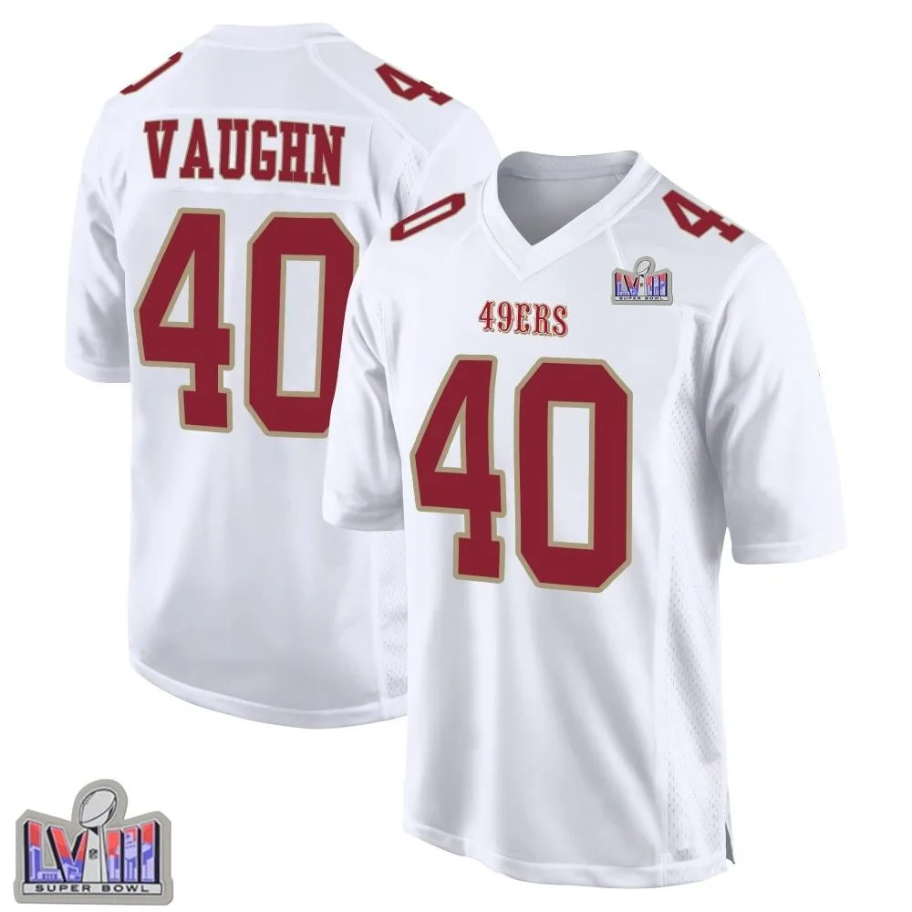 Men's San Francisco 49ers Ke'shawn Vaughn Nike Fashion Super Bowl LVIII Patch Game White Jersey Men's San Francisco 49ers Ke'shawn Vaughn Nike Fashion Super Bowl LVIII Patch Game White Jersey