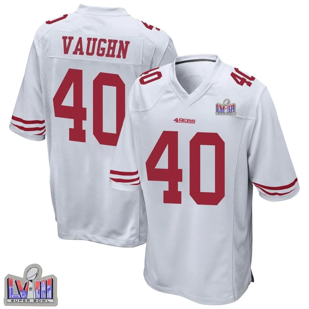 Men's San Francisco 49ers Ke'shawn Vaughn Nike Super Bowl LVIII Patch Game White Jersey Men's San Francisco 49ers Ke'shawn Vaughn Nike Super Bowl LVIII Patch Game White Jersey