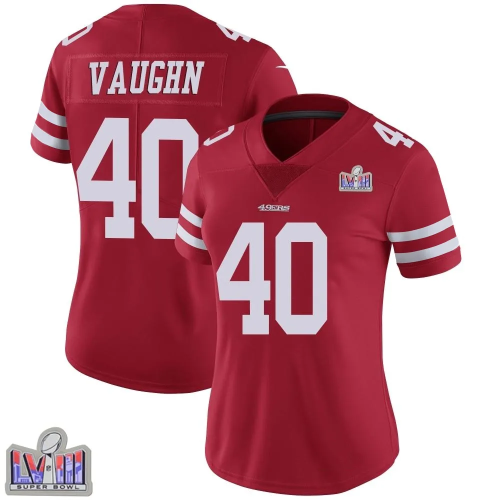 Women's San Francisco 49ers Ke'shawn Vaughn Nike Team Color Vapor Untouchable Super Bowl LVIII Patch Limited Red Jersey Women's San Francisco 49ers Ke'shawn Vaughn Nike Team Color Vapor Untouchable Super Bowl LVIII Patch Limited Red Jersey