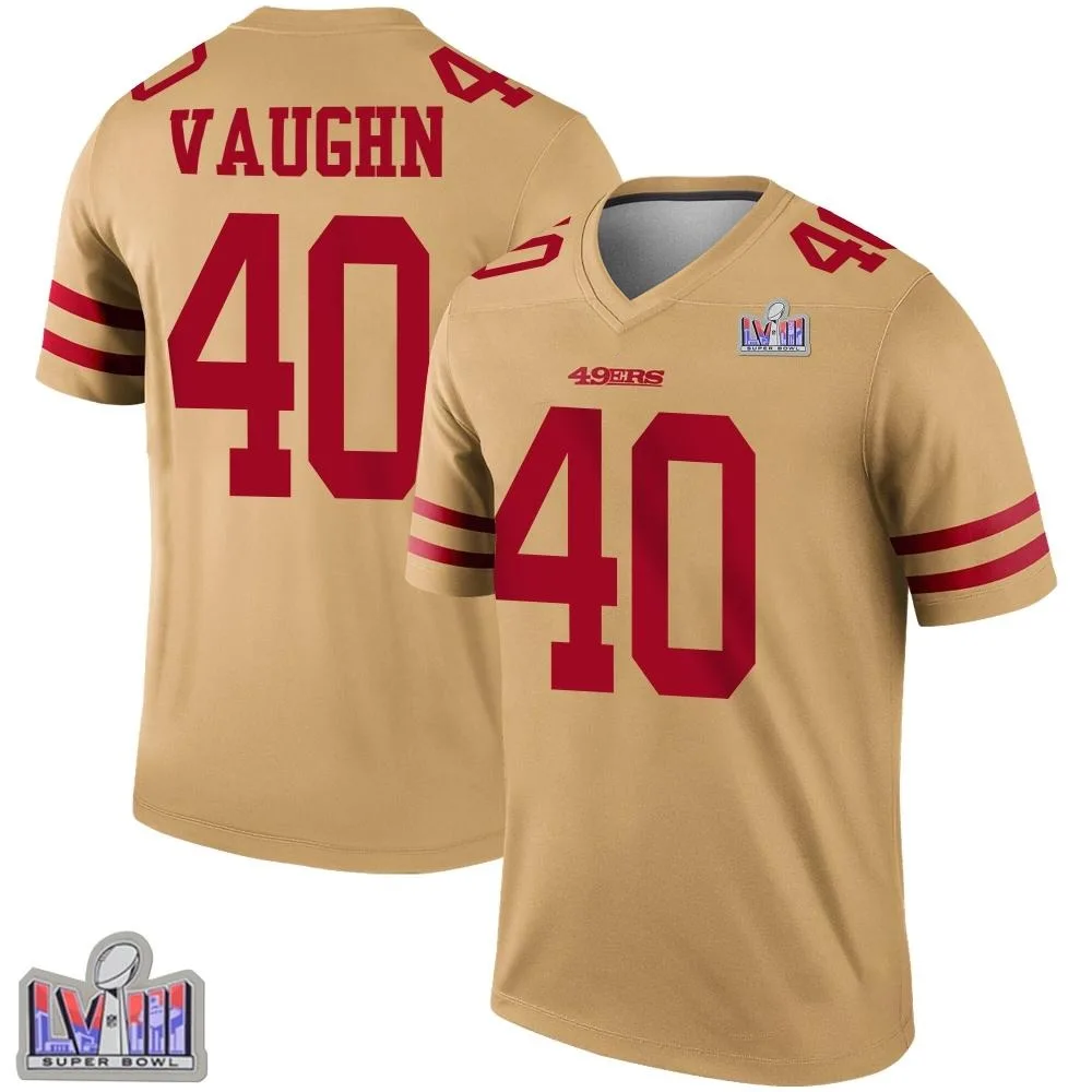 Youth San Francisco 49ers Ke'shawn Vaughn Nike Inverted Super Bowl LVIII Patch Legend Gold Jersey Youth San Francisco 49ers Ke'shawn Vaughn Nike Inverted Super Bowl LVIII Patch Legend Gold Jersey