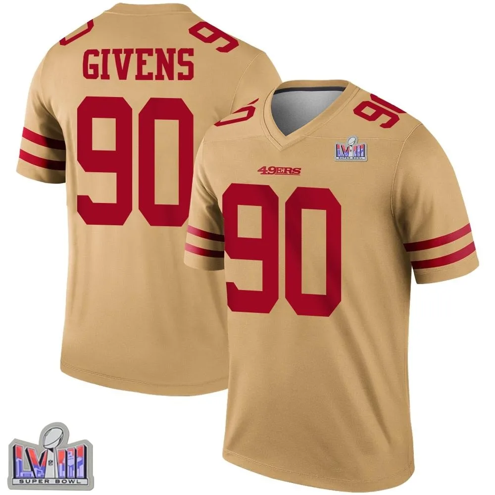 Men's San Francisco 49ers Kevin Givens Nike Inverted Super Bowl LVIII Patch Legend Gold Jersey Men's San Francisco 49ers Kevin Givens Nike Inverted Super Bowl LVIII Patch Legend Gold Jersey
