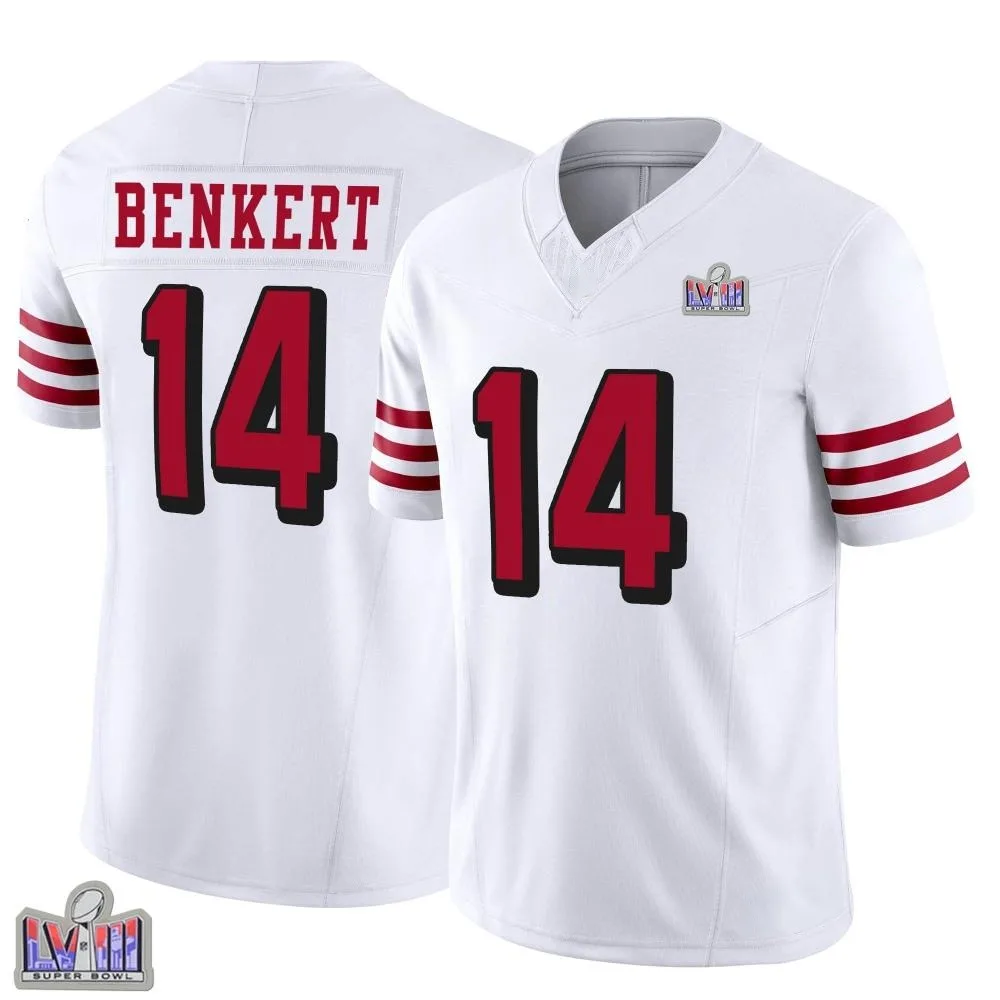 Men's San Francisco 49ers Kurt Benkert Nike Alternate Vapor F.U.S.E. Super Bowl LVIII Patch Limited White Jersey Men's San Francisco 49ers Kurt Benkert Nike Alternate Vapor F.U.S.E. Super Bowl LVIII Patch Limited White Jersey