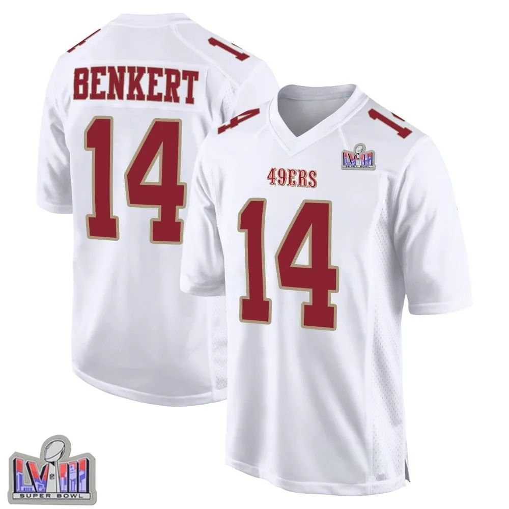 Men's San Francisco 49ers Kurt Benkert Nike Fashion Super Bowl LVIII Patch Game White Jersey Men's San Francisco 49ers Kurt Benkert Nike Fashion Super Bowl LVIII Patch Game White Jersey