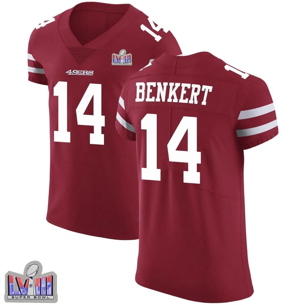 Men's San Francisco 49ers Kurt Benkert Nike Team Color Vapor Untouchable Super Bowl LVIII Patch Elite Red Jersey Men's San Francisco 49ers Kurt Benkert Nike Team Color Vapor Untouchable Super Bowl LVIII Patch Elite Red Jersey