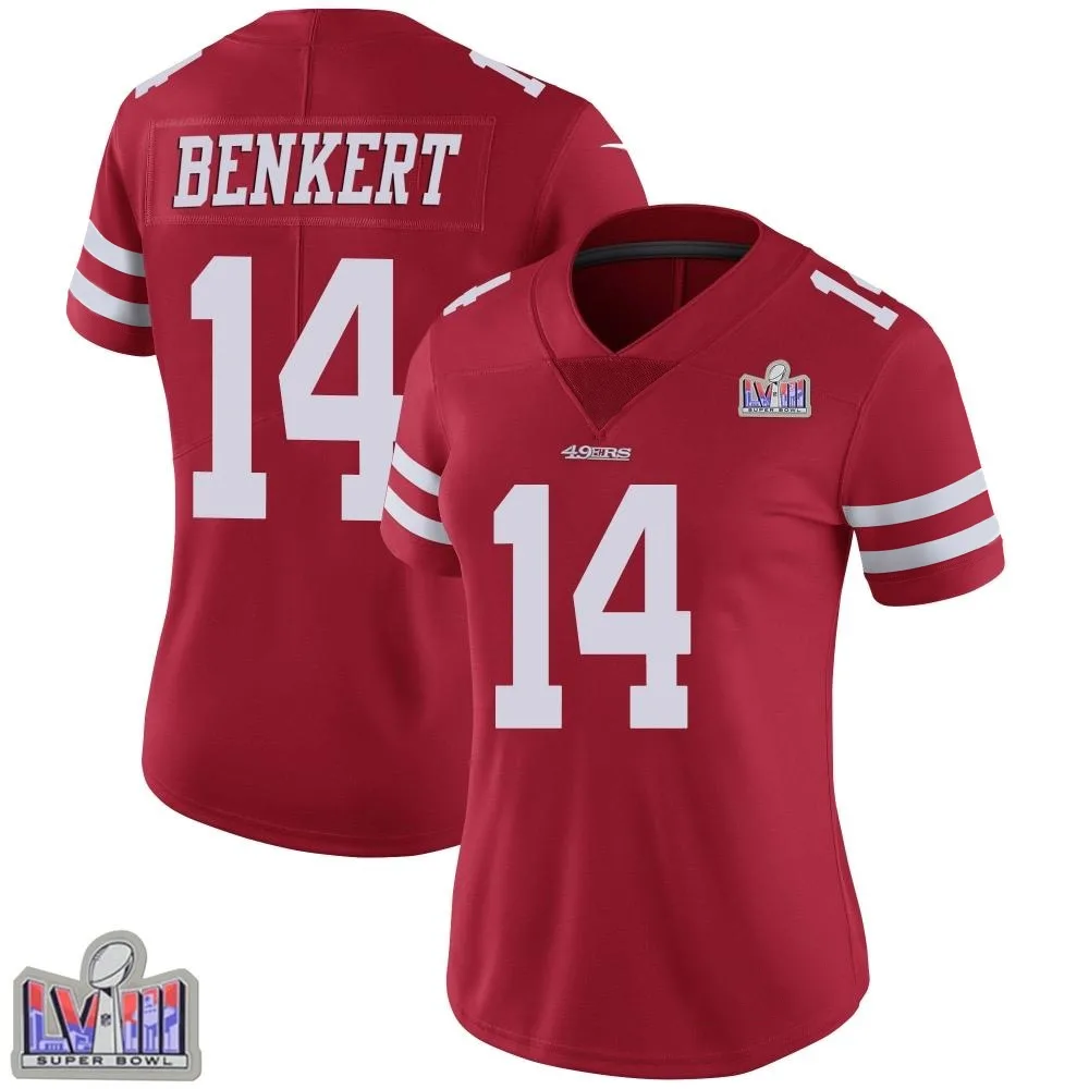 Women's San Francisco 49ers Kurt Benkert Nike Team Color Vapor Untouchable Super Bowl LVIII Patch Limited Red Jersey Women's San Francisco 49ers Kurt Benkert Nike Team Color Vapor Untouchable Super Bowl LVIII Patch Limited Red Jersey