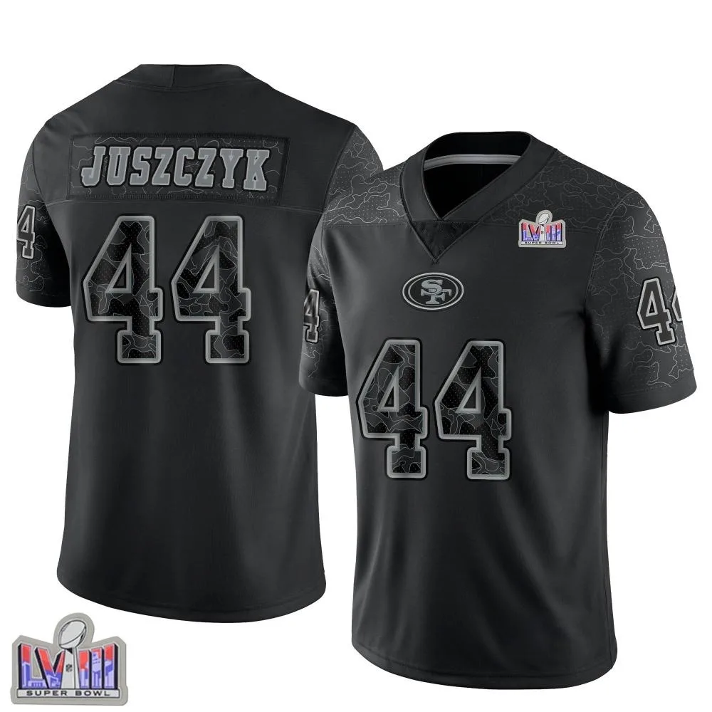 Men's San Francisco 49ers Kyle Juszczyk Nike Reflective Super Bowl LVIII Patch Limited Black Jersey Men's San Francisco 49ers Kyle Juszczyk Nike Reflective Super Bowl LVIII Patch Limited Black Jersey