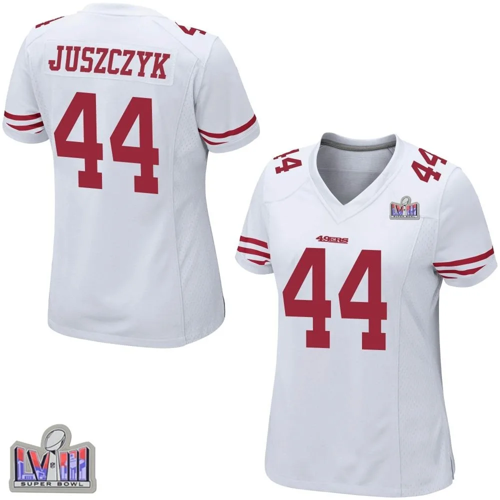 Women's San Francisco 49ers Kyle Juszczyk Nike Super Bowl LVIII Patch Game White Jersey Women's San Francisco 49ers Kyle Juszczyk Nike Super Bowl LVIII Patch Game White Jersey
