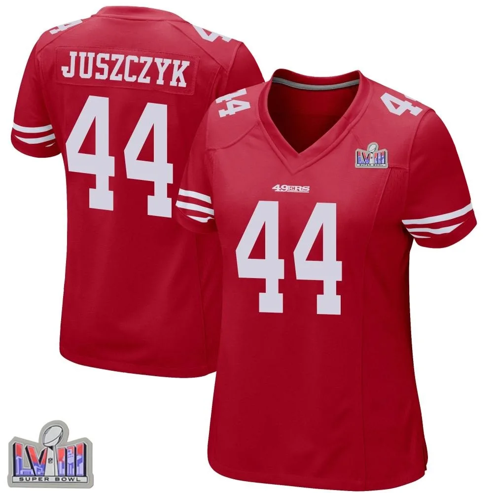 Women's San Francisco 49ers Kyle Juszczyk Nike Team Color Super Bowl LVIII Patch Game Red Jersey Women's San Francisco 49ers Kyle Juszczyk Nike Team Color Super Bowl LVIII Patch Game Red Jersey
