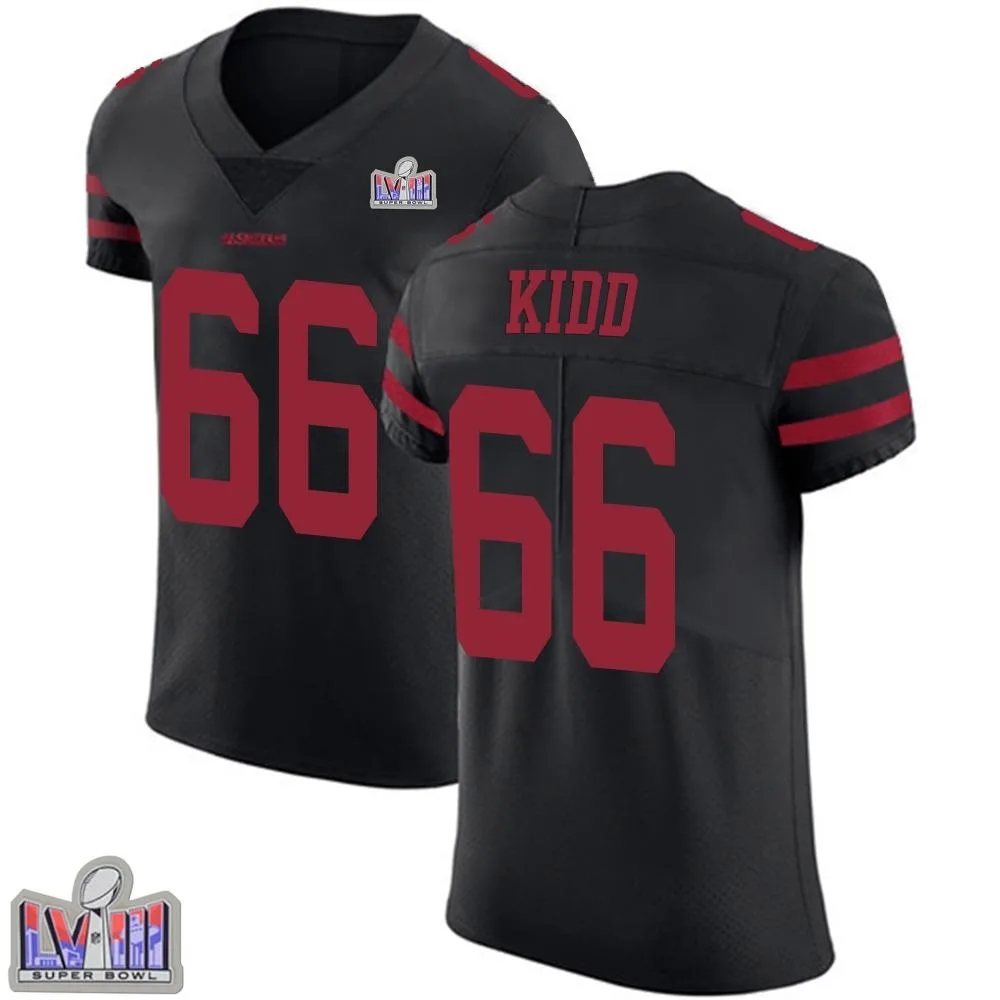 Men's San Francisco 49ers Lewis Kidd Nike Alternate Vapor Untouchable Super Bowl LVIII Patch Elite Black Jersey Men's San Francisco 49ers Lewis Kidd Nike Alternate Vapor Untouchable Super Bowl LVIII Patch Elite Black Jersey
