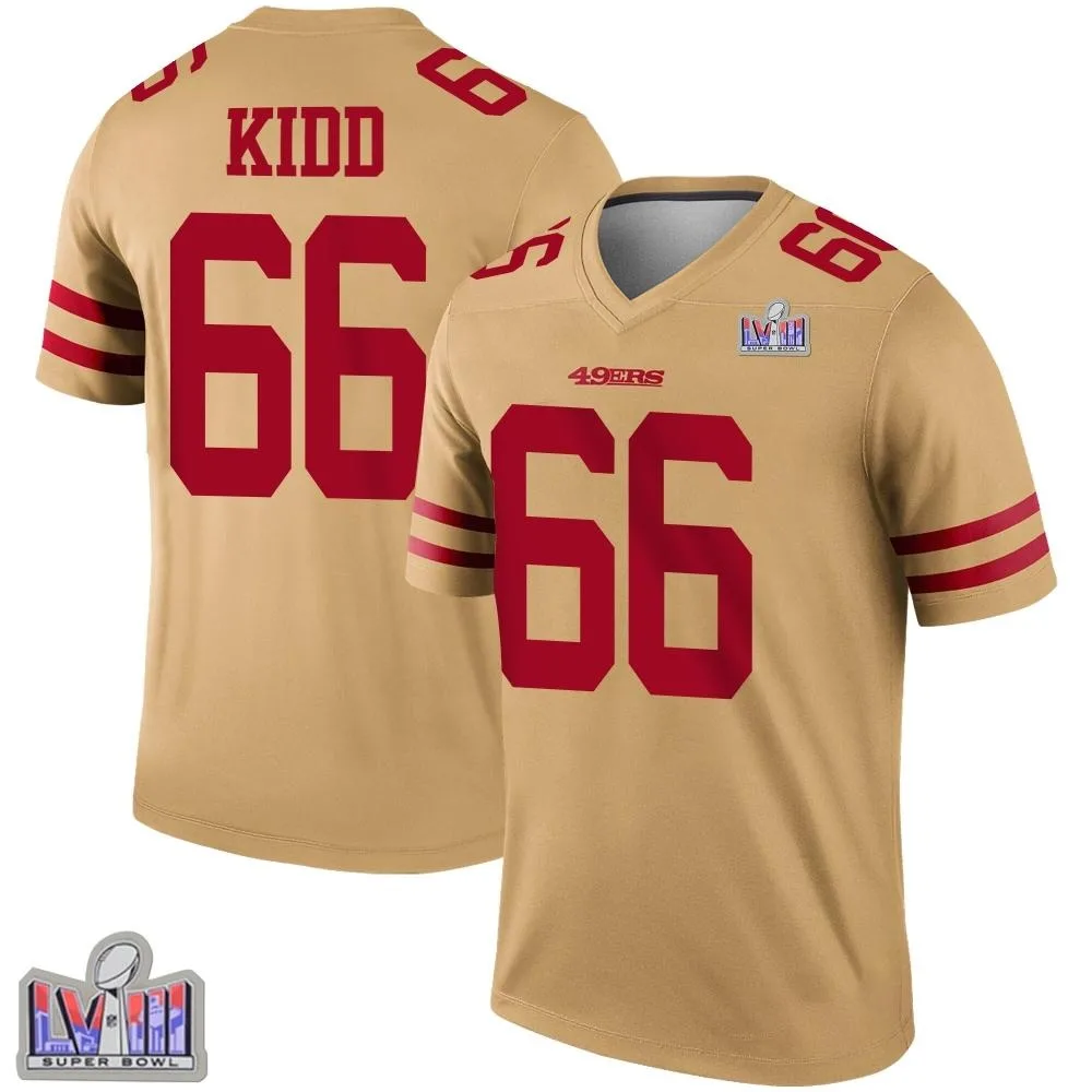 Men's San Francisco 49ers Lewis Kidd Nike Inverted Super Bowl LVIII Patch Legend Gold Jersey Men's San Francisco 49ers Lewis Kidd Nike Inverted Super Bowl LVIII Patch Legend Gold Jersey