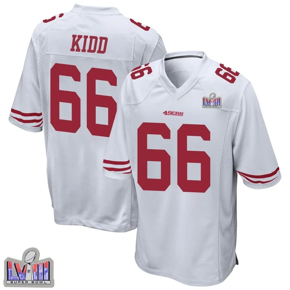 Men's San Francisco 49ers Lewis Kidd Nike Super Bowl LVIII Patch Game White Jersey Men's San Francisco 49ers Lewis Kidd Nike Super Bowl LVIII Patch Game White Jersey