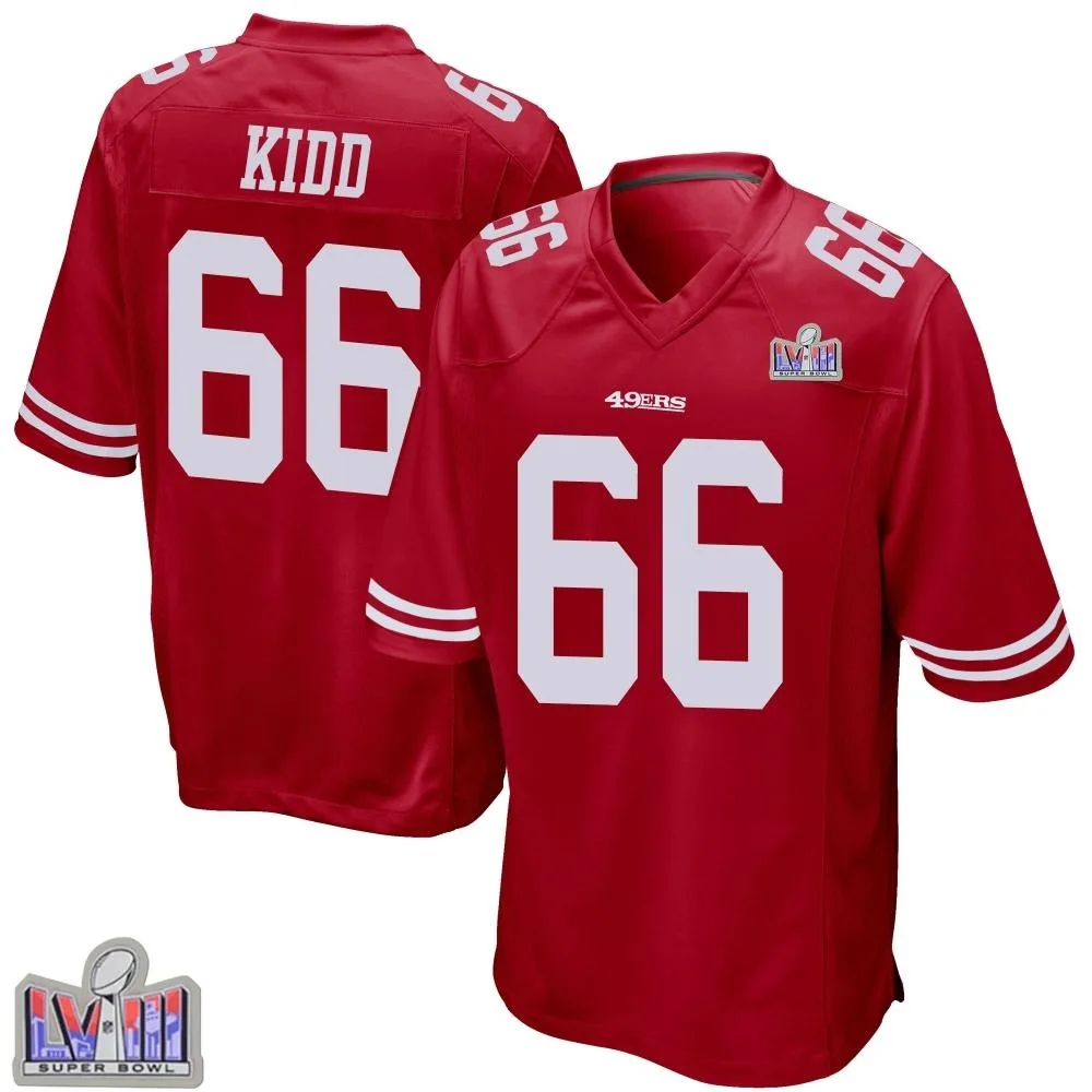 Men's San Francisco 49ers Lewis Kidd Nike Team Color Super Bowl LVIII Patch Game Red Jersey Men's San Francisco 49ers Lewis Kidd Nike Team Color Super Bowl LVIII Patch Game Red Jersey