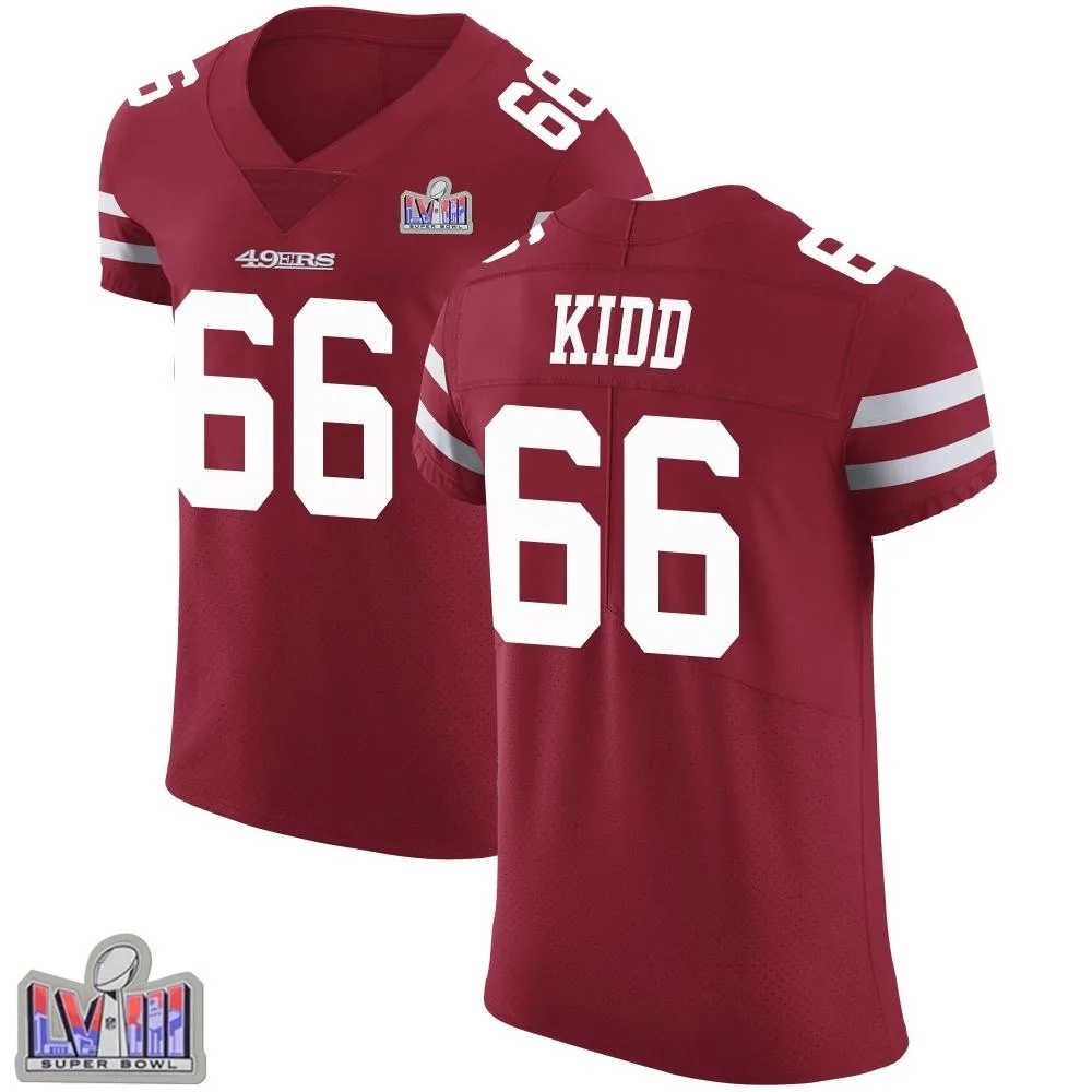 Men's San Francisco 49ers Lewis Kidd Nike Team Color Vapor Untouchable Super Bowl LVIII Patch Elite Red Jersey Men's San Francisco 49ers Lewis Kidd Nike Team Color Vapor Untouchable Super Bowl LVIII Patch Elite Red Jersey
