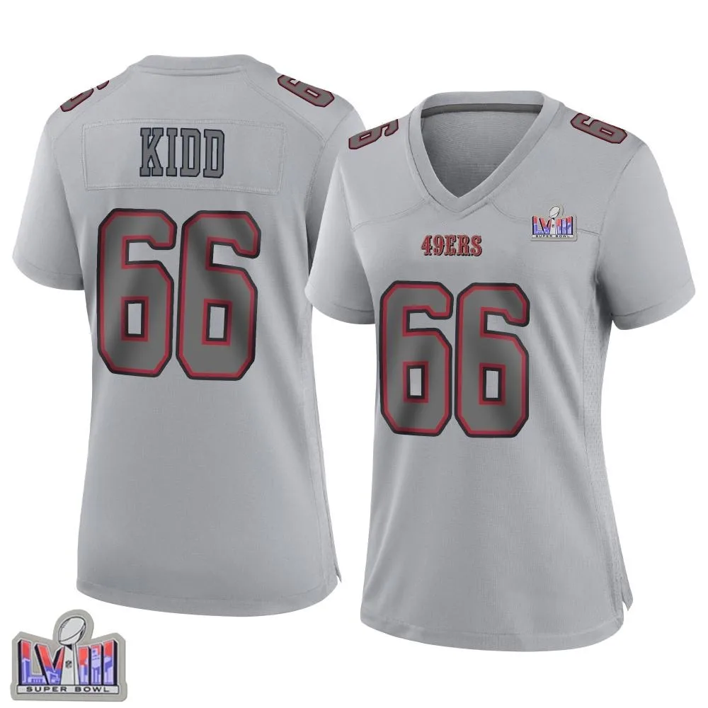 Women's San Francisco 49ers Lewis Kidd Nike Atmosphere Fashion Super Bowl LVIII Patch Game Gray Jersey Women's San Francisco 49ers Lewis Kidd Nike Atmosphere Fashion Super Bowl LVIII Patch Game Gray Jersey