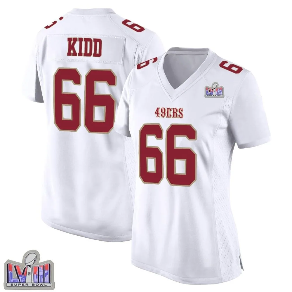 Women's San Francisco 49ers Lewis Kidd Nike Fashion Super Bowl LVIII Patch Game White Jersey Women's San Francisco 49ers Lewis Kidd Nike Fashion Super Bowl LVIII Patch Game White Jersey
