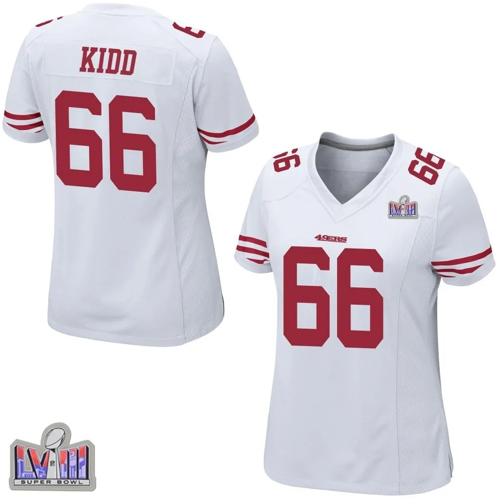 Women's San Francisco 49ers Lewis Kidd Nike Super Bowl LVIII Patch Game White Jersey Women's San Francisco 49ers Lewis Kidd Nike Super Bowl LVIII Patch Game White Jersey