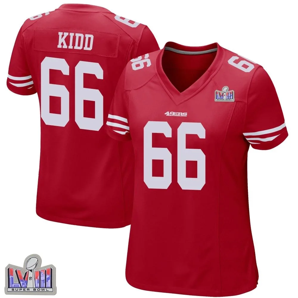 Women's San Francisco 49ers Lewis Kidd Nike Team Color Super Bowl LVIII Patch Game Red Jersey Women's San Francisco 49ers Lewis Kidd Nike Team Color Super Bowl LVIII Patch Game Red Jersey