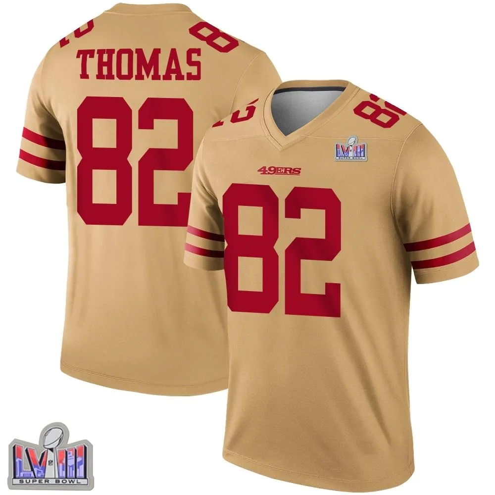 Men's San Francisco 49ers Logan Thomas Nike Inverted Super Bowl LVIII Patch Legend Gold Jersey Men's San Francisco 49ers Logan Thomas Nike Inverted Super Bowl LVIII Patch Legend Gold Jersey
