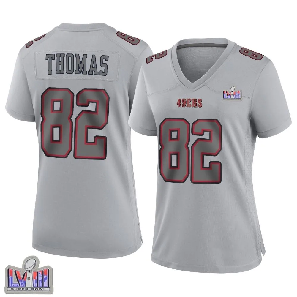 Women's San Francisco 49ers Logan Thomas Nike Atmosphere Fashion Super Bowl LVIII Patch Game Gray Jersey Women's San Francisco 49ers Logan Thomas Nike Atmosphere Fashion Super Bowl LVIII Patch Game Gray Jersey