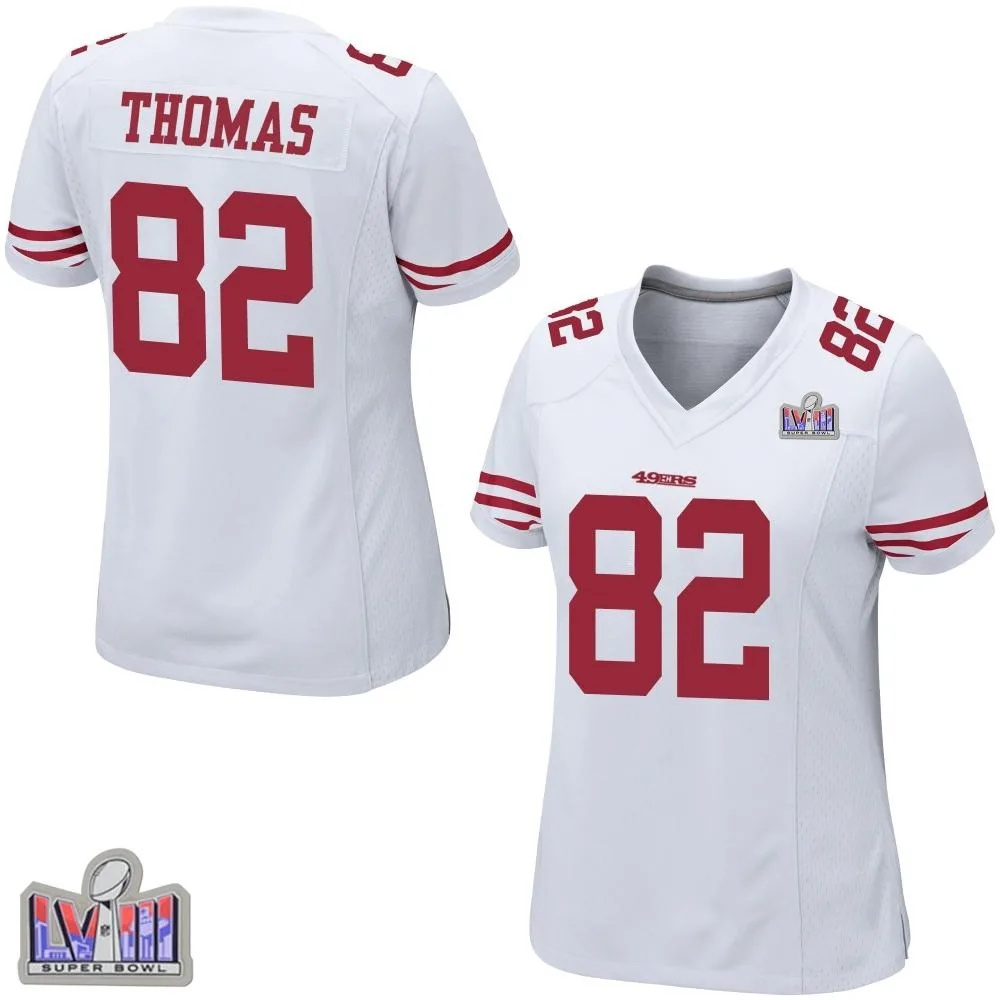 Women's San Francisco 49ers Logan Thomas Nike Super Bowl LVIII Patch Game White Jersey Women's San Francisco 49ers Logan Thomas Nike Super Bowl LVIII Patch Game White Jersey