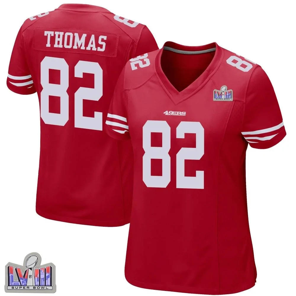 Women's San Francisco 49ers Logan Thomas Nike Team Color Super Bowl LVIII Patch Game Red Jersey Women's San Francisco 49ers Logan Thomas Nike Team Color Super Bowl LVIII Patch Game Red Jersey