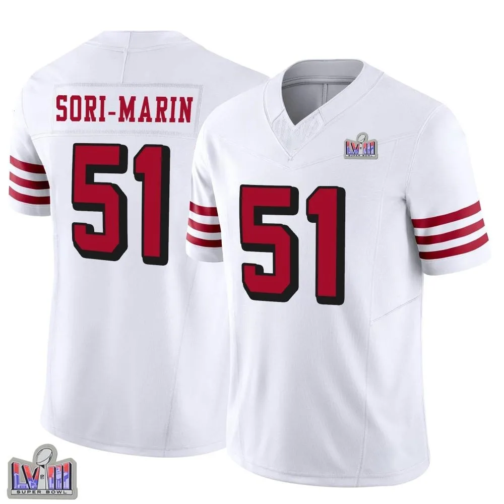 Men's San Francisco 49ers Mariano Sori-marin Nike Alternate Vapor F.U.S.E. Super Bowl LVIII Patch Limited White Jersey Men's San Francisco 49ers Mariano Sori-marin Nike Alternate Vapor F.U.S.E. Super Bowl LVIII Patch Limited White Jersey