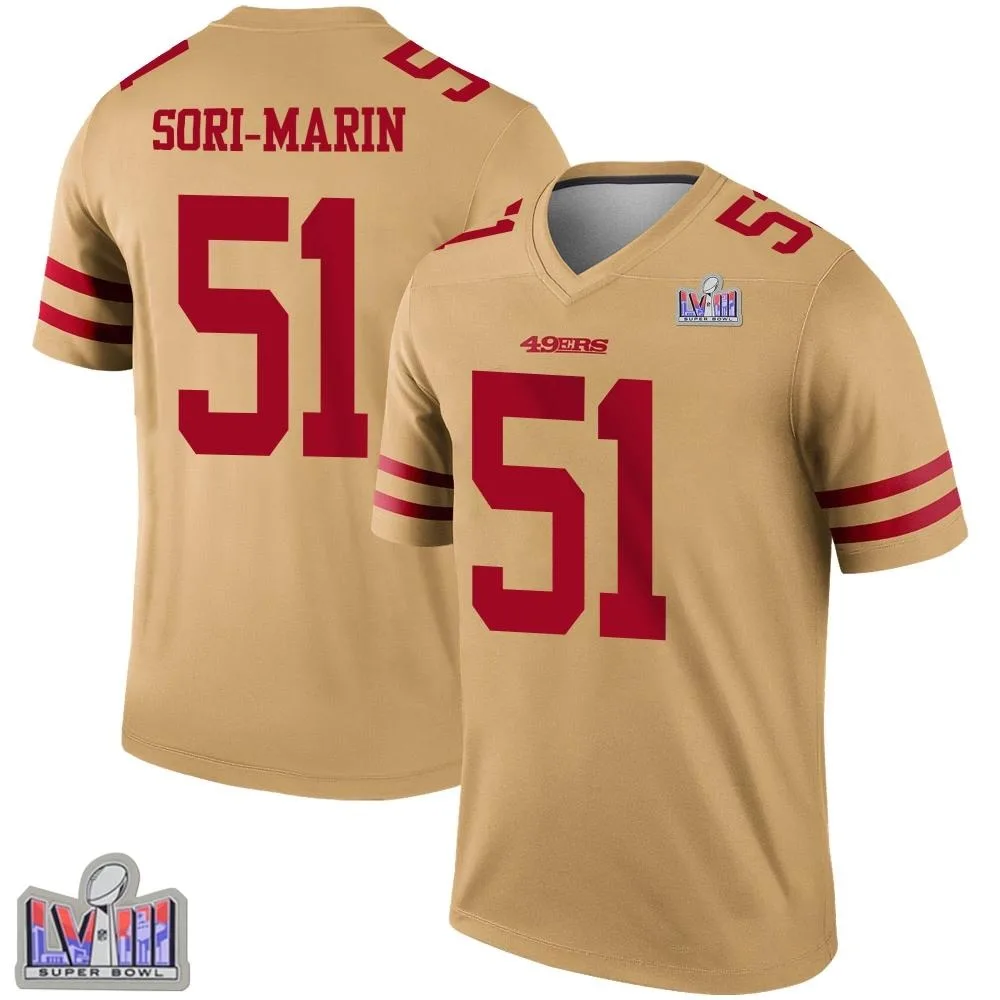 Men's San Francisco 49ers Mariano Sori-marin Nike Inverted Super Bowl LVIII Patch Legend Gold Jersey Men's San Francisco 49ers Mariano Sori-marin Nike Inverted Super Bowl LVIII Patch Legend Gold Jersey