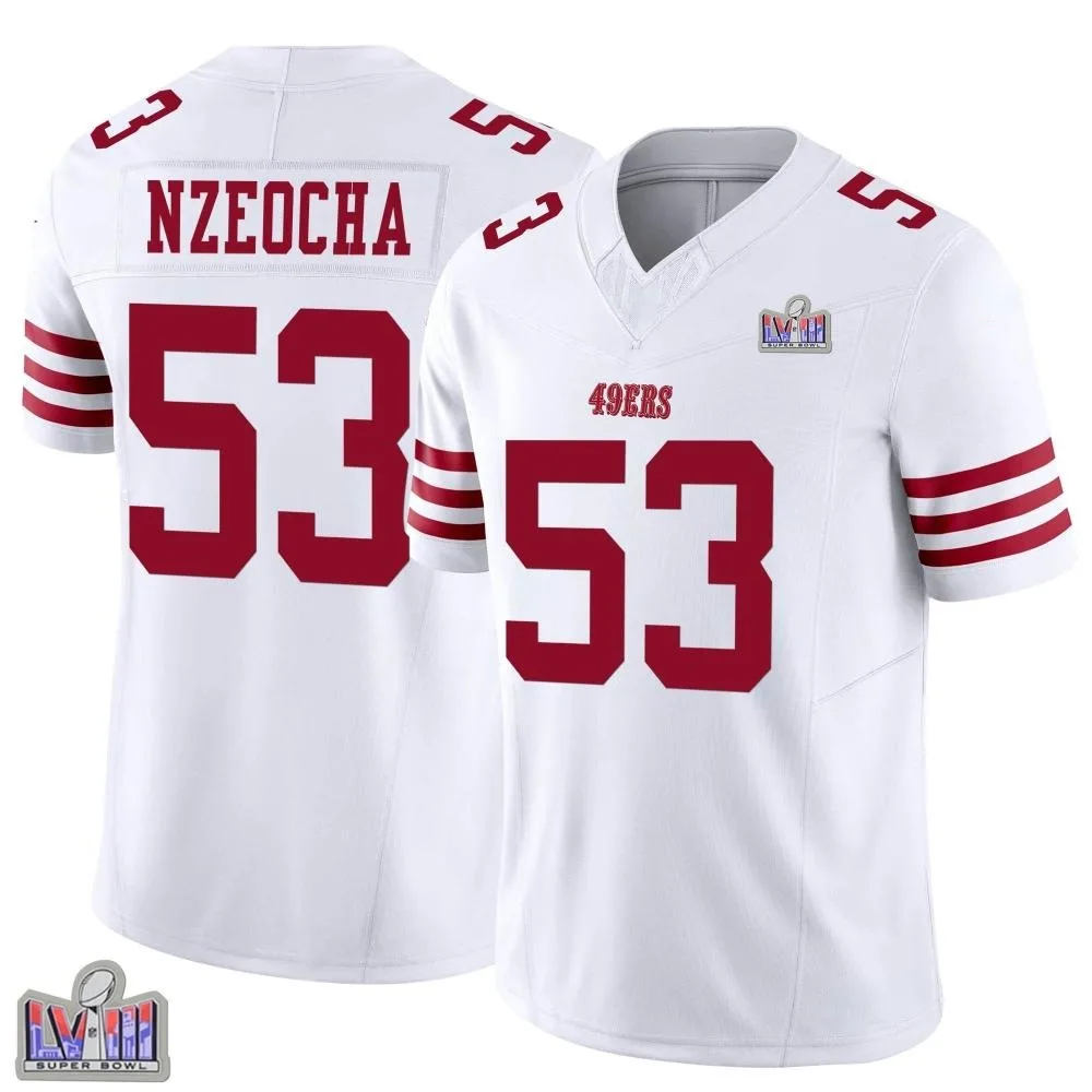 Men's San Francisco 49ers Mark Nzeocha Nike Vapor F.U.S.E. Super Bowl LVIII Patch Limited White Jersey Men's San Francisco 49ers Mark Nzeocha Nike Vapor F.U.S.E. Super Bowl LVIII Patch Limited White Jersey