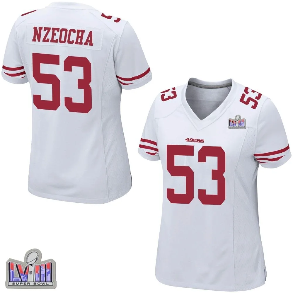 Women's San Francisco 49ers Mark Nzeocha Nike Super Bowl LVIII Patch Game White Jersey Women's San Francisco 49ers Mark Nzeocha Nike Super Bowl LVIII Patch Game White Jersey